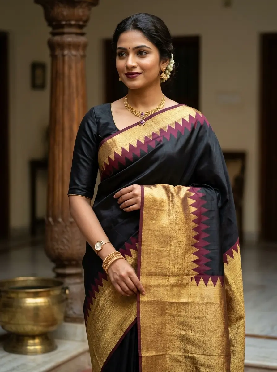 Black Handloom Kanchipuram Silk Saree with Traditional Temple Border